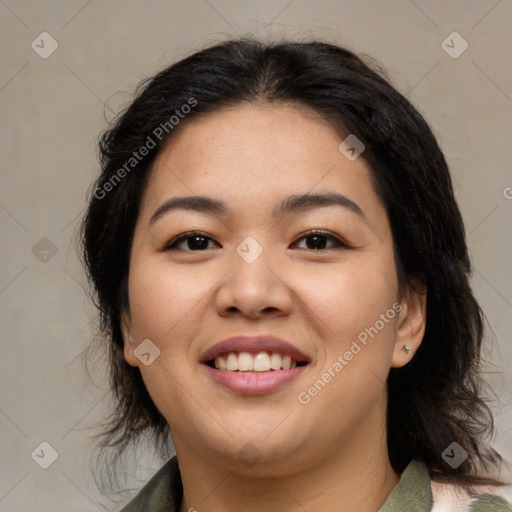 Joyful asian young-adult female with medium  brown hair and brown eyes