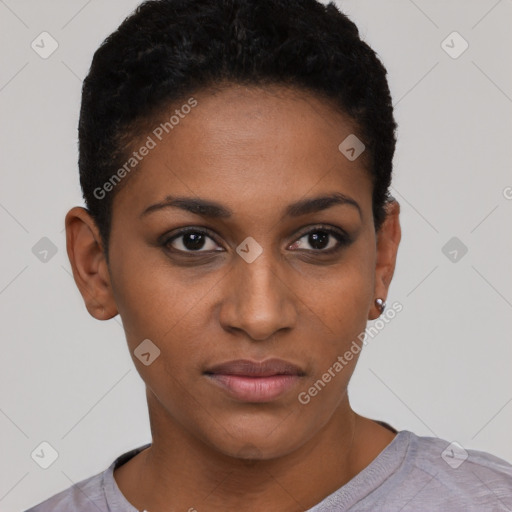 Neutral black young-adult female with short  brown hair and brown eyes