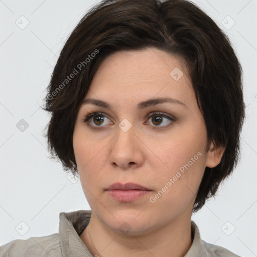 Neutral white young-adult female with medium  brown hair and brown eyes