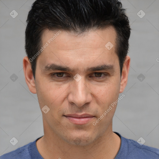 Joyful white adult male with short  brown hair and brown eyes