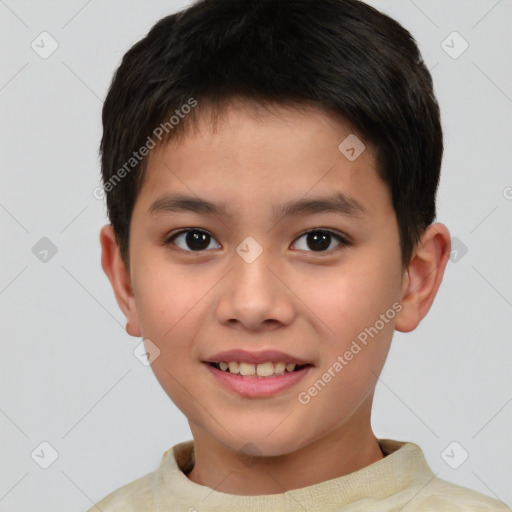 Joyful white child male with short  brown hair and brown eyes