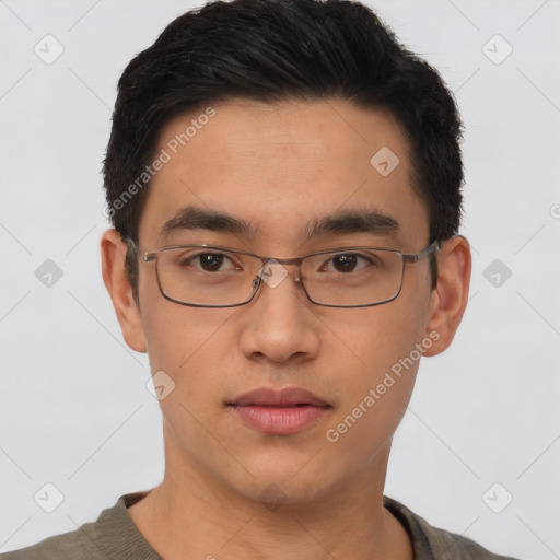 Neutral asian young-adult male with short  brown hair and brown eyes