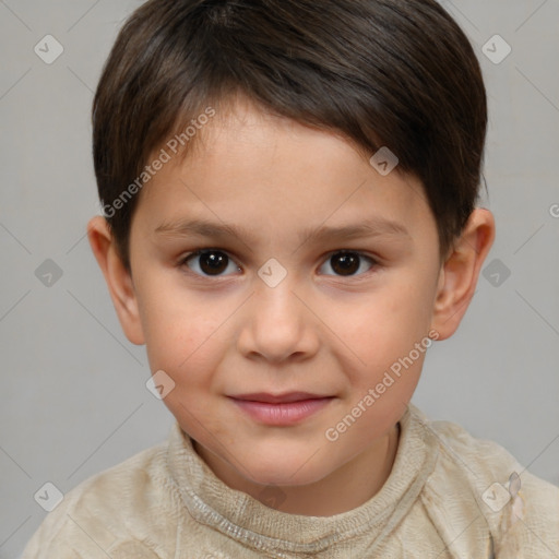 Joyful white child female with short  brown hair and brown eyes