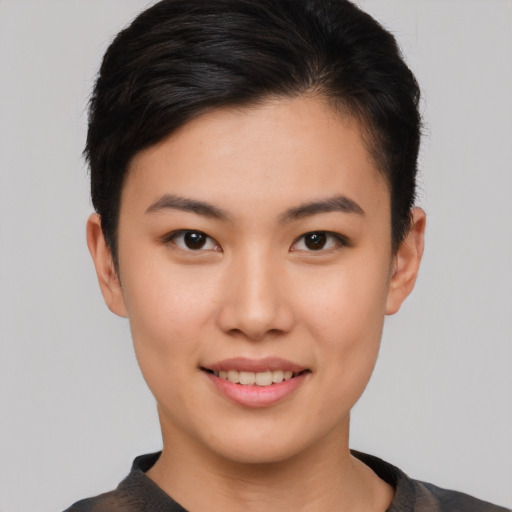 Joyful asian young-adult female with short  brown hair and brown eyes