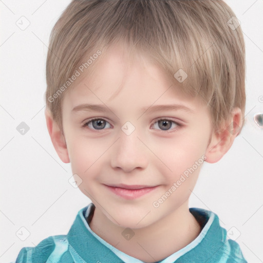 Joyful white child male with short  brown hair and grey eyes