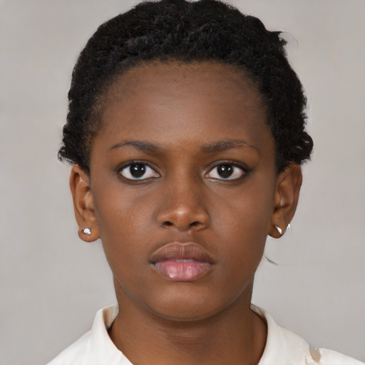 Neutral black young-adult female with short  brown hair and brown eyes