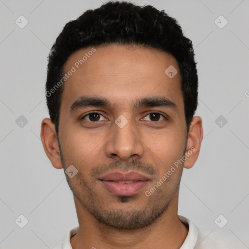 Neutral latino young-adult male with short  black hair and brown eyes