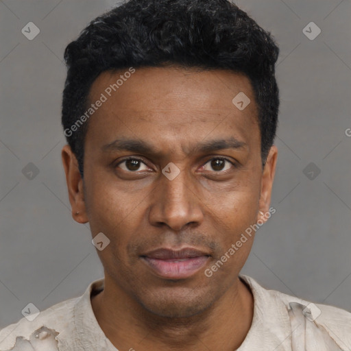 Joyful black young-adult male with short  black hair and brown eyes