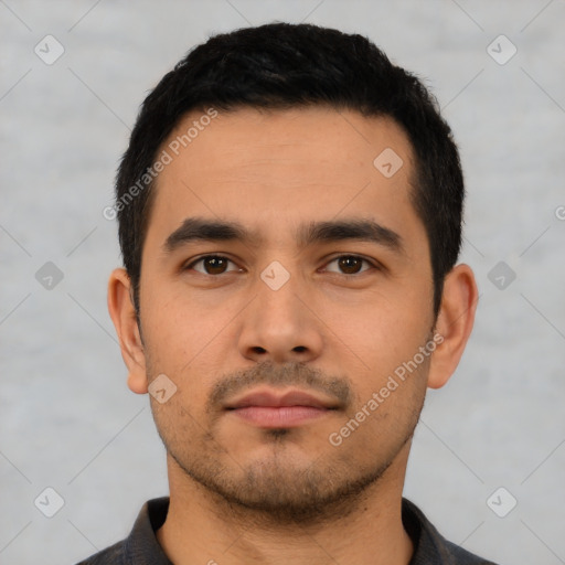 Neutral asian young-adult male with short  black hair and brown eyes