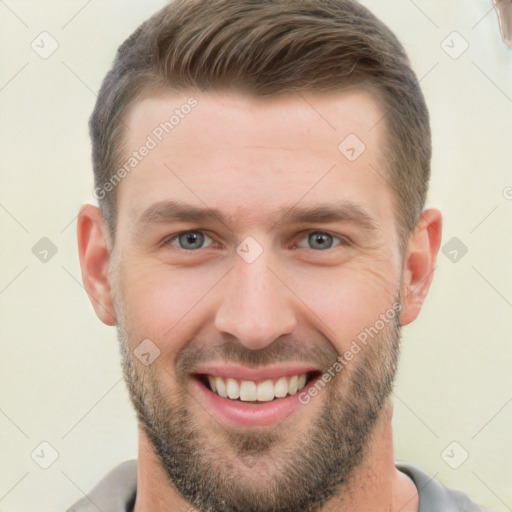 Joyful white young-adult male with short  brown hair and brown eyes