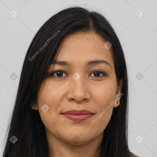 Joyful latino young-adult female with long  brown hair and brown eyes