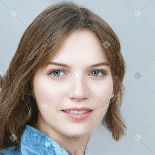 Joyful white young-adult female with medium  brown hair and blue eyes