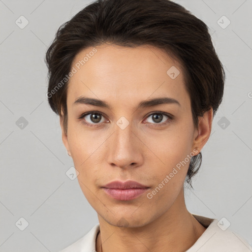 Neutral white young-adult female with short  brown hair and brown eyes