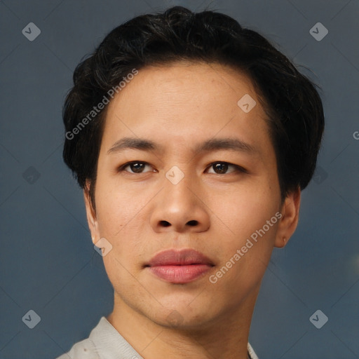 Neutral asian young-adult male with short  brown hair and brown eyes