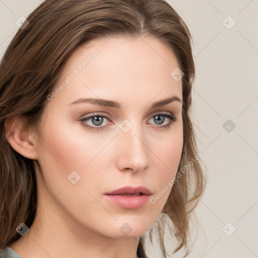 Neutral white young-adult female with medium  brown hair and grey eyes