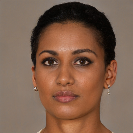 Neutral black young-adult female with short  brown hair and brown eyes