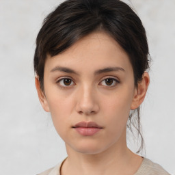 Neutral white young-adult female with medium  brown hair and brown eyes