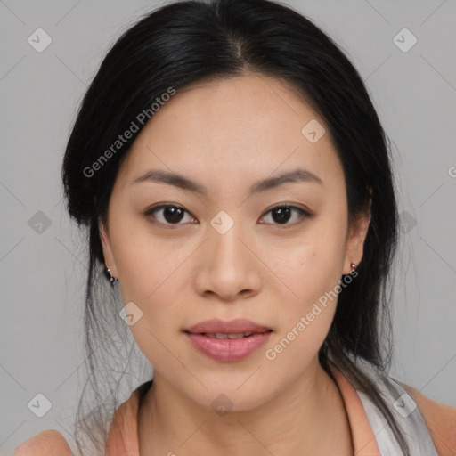 Joyful asian young-adult female with medium  black hair and brown eyes