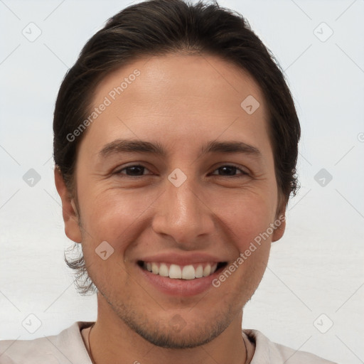 Joyful white young-adult female with short  brown hair and brown eyes