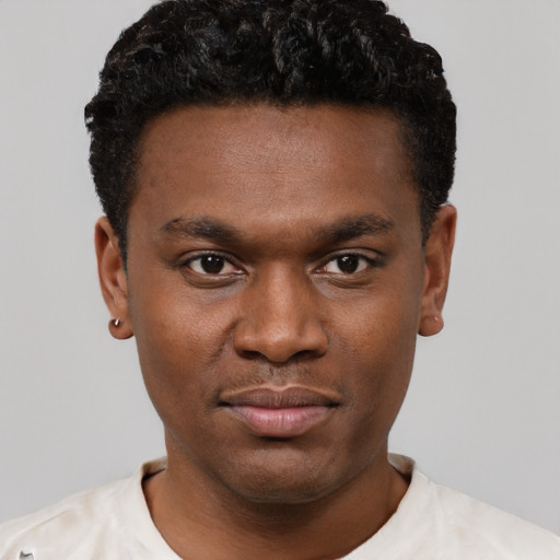 Neutral black young-adult male with short  black hair and brown eyes