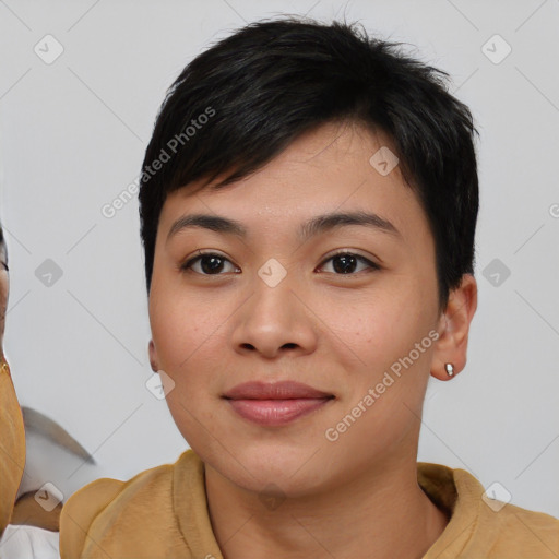 Joyful asian young-adult female with short  black hair and brown eyes