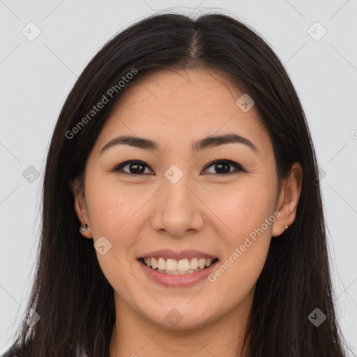 Joyful white young-adult female with long  brown hair and brown eyes