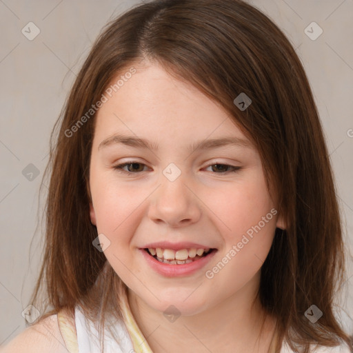 Joyful white child female with medium  brown hair and brown eyes