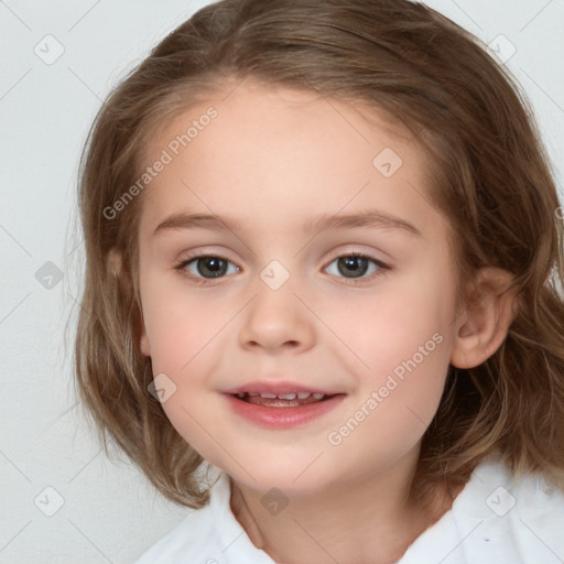 Joyful white child female with medium  brown hair and blue eyes