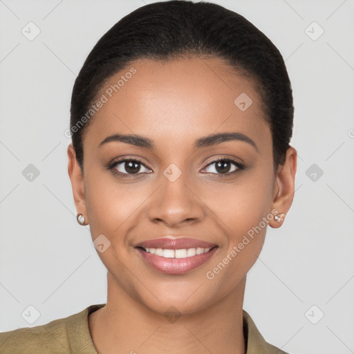 Joyful latino young-adult female with short  brown hair and brown eyes