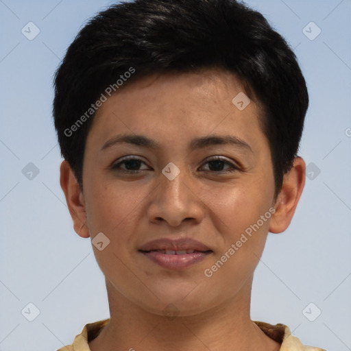 Joyful asian young-adult female with short  brown hair and brown eyes