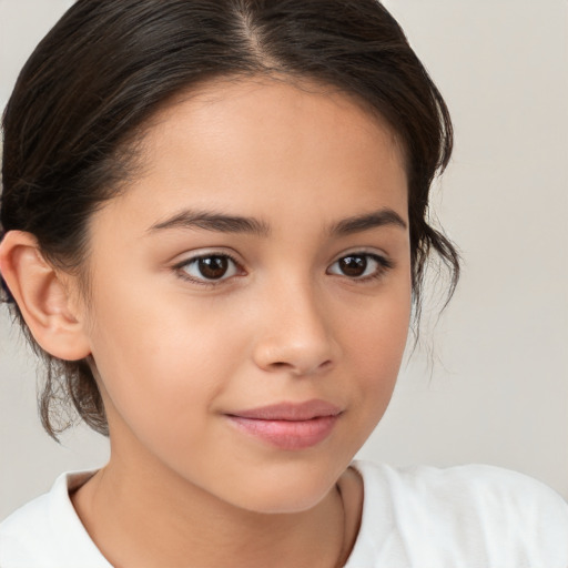 Joyful white child female with medium  brown hair and brown eyes