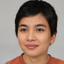 Joyful asian young-adult female with short  black hair and brown eyes