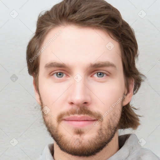 Neutral white young-adult male with short  brown hair and grey eyes