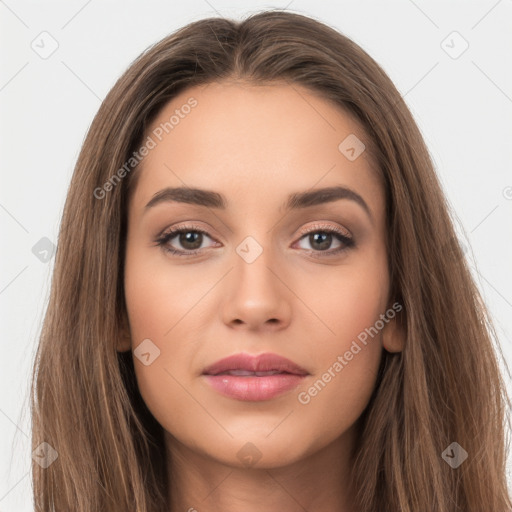 Neutral white young-adult female with long  brown hair and brown eyes