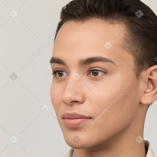 Neutral white young-adult male with short  brown hair and brown eyes