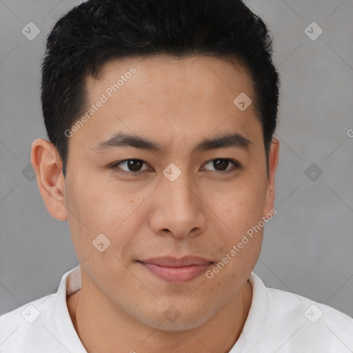 Joyful latino young-adult male with short  brown hair and brown eyes