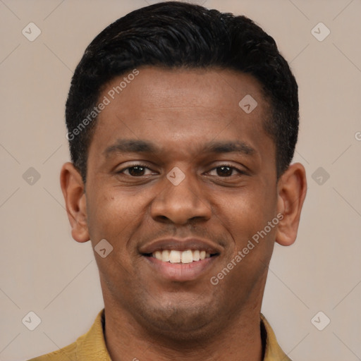 Joyful latino young-adult male with short  black hair and brown eyes
