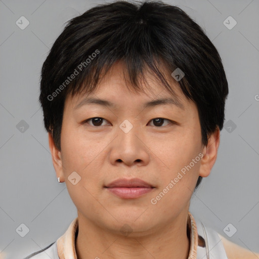 Joyful asian young-adult female with short  brown hair and brown eyes