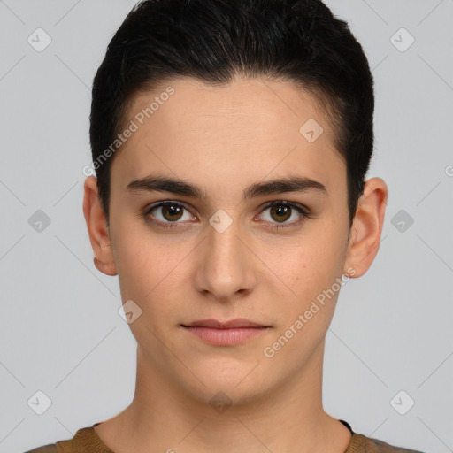 Neutral white young-adult male with short  brown hair and brown eyes