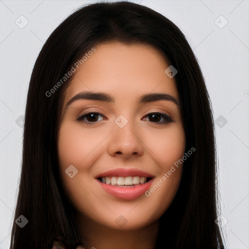 Joyful latino young-adult female with long  black hair and brown eyes