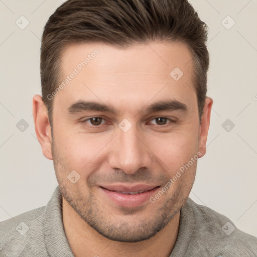 Joyful white young-adult male with short  brown hair and brown eyes