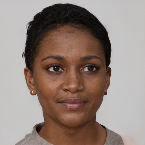 Neutral black young-adult female with short  black hair and brown eyes