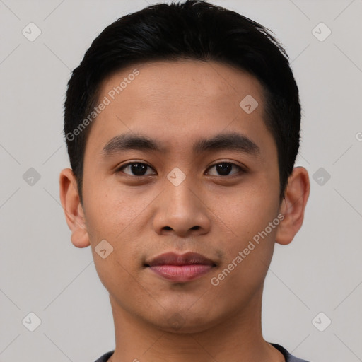 Neutral asian young-adult male with short  black hair and brown eyes