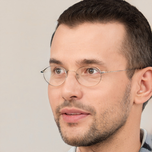 Neutral white adult male with short  brown hair and brown eyes