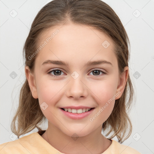 Joyful white child female with medium  brown hair and brown eyes