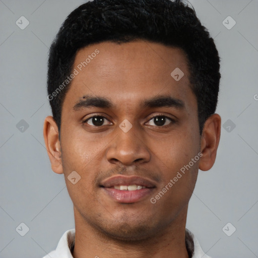Neutral latino young-adult male with short  brown hair and brown eyes