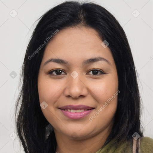 Joyful latino young-adult female with long  brown hair and brown eyes