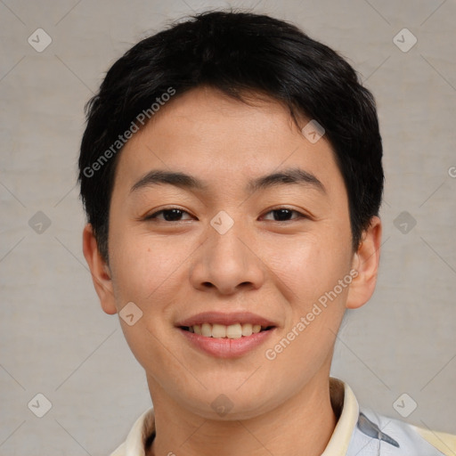 Joyful asian young-adult female with short  brown hair and brown eyes