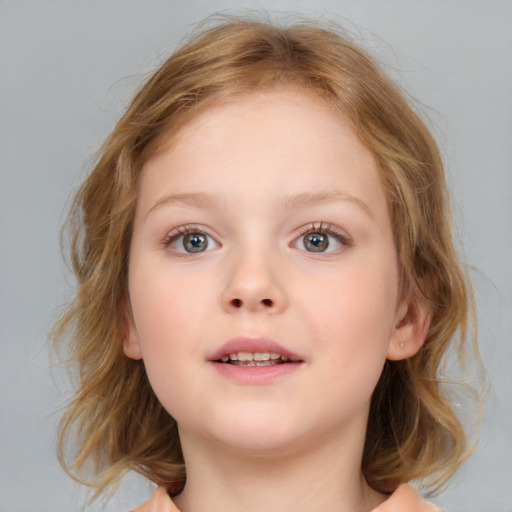 Neutral white child female with medium  brown hair and blue eyes