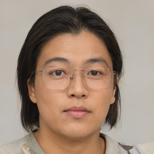 Neutral asian adult female with medium  brown hair and brown eyes